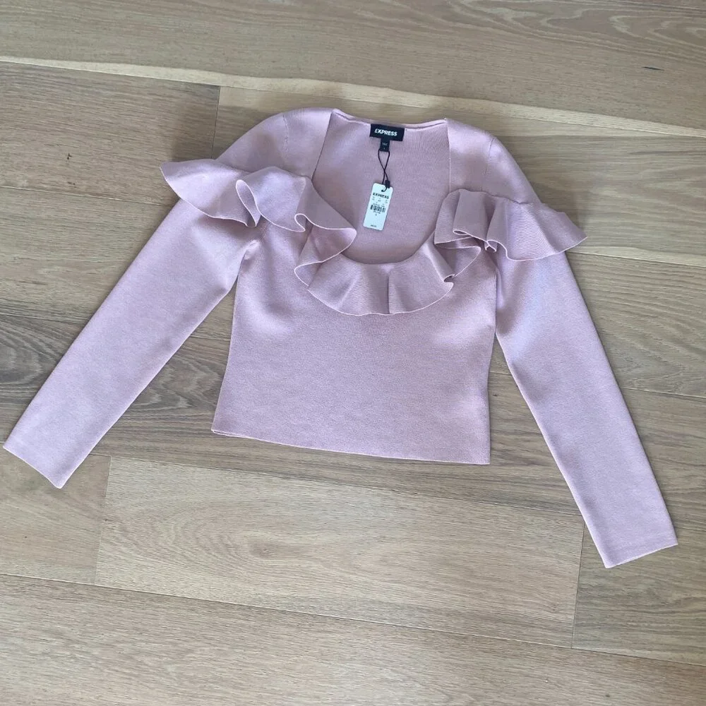 Express Pink Long Sleeve Crop Top w Ruffle Detailing Size Large NWT - Picture 2 of 8